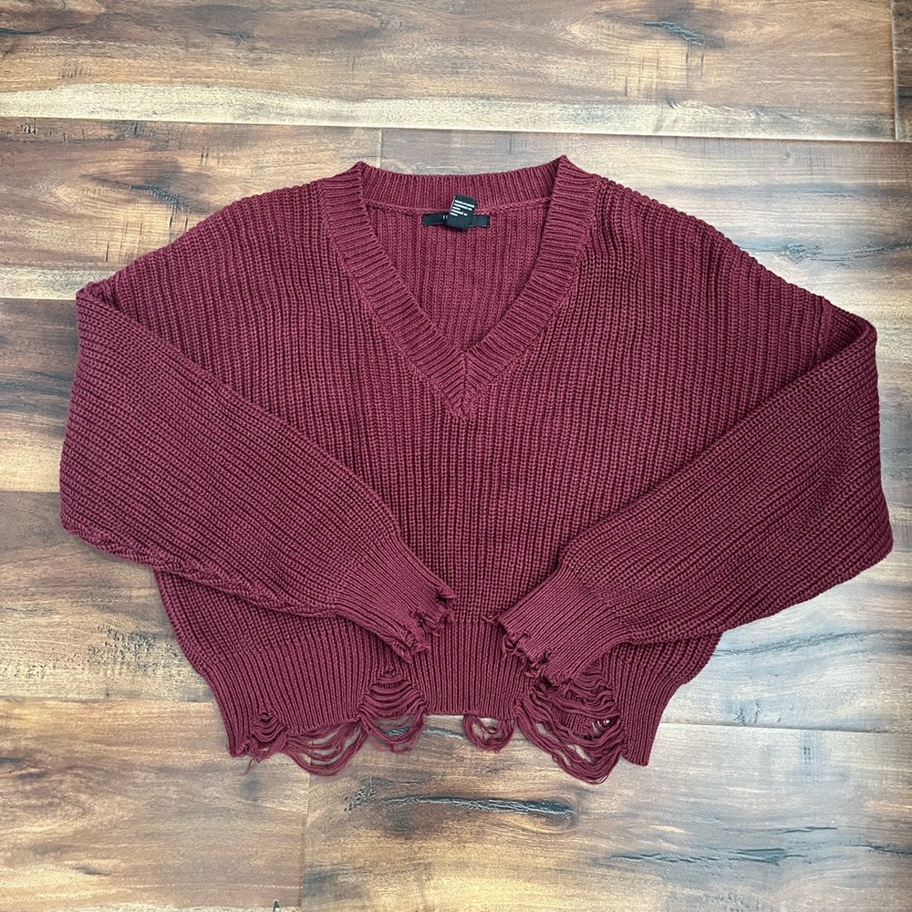 Forever 21 Burgundy V-Neck Distressed Knit Sweater